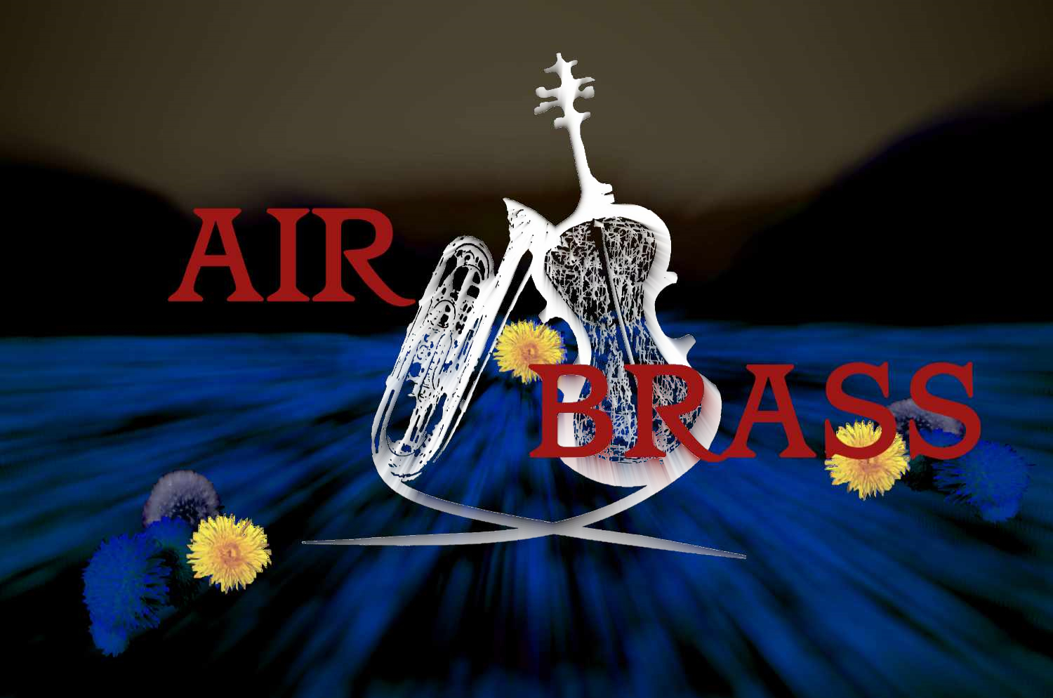 Nachthimmel. Horizont heller. Weiße Tuba und weißer Kontrabass fliegen verliebt über undeutliches Löwenzahnfeld. AIR BRASS als rote Aufschrift.