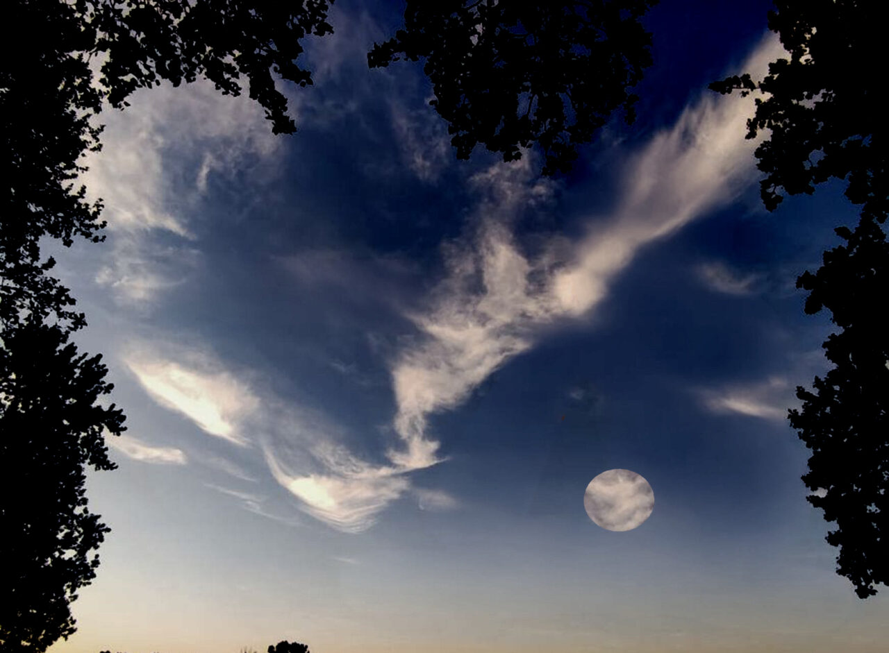 Wolken bilden einen OK-Haken gegen dunkelblauen Himmel, der nach unten heller wird. Ein Wolkenkreispunkt mit PC-Ellypse gezogen zeigt, was gesprochen ist: alles ist OK.