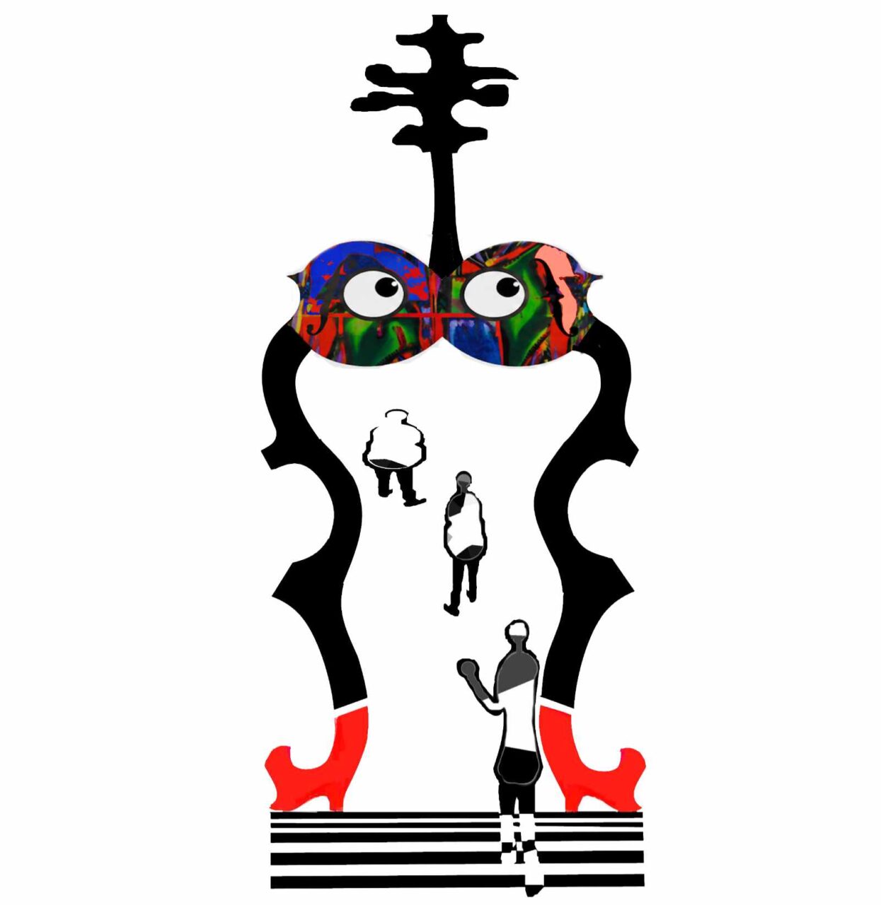 Ein Cello mit Beinen, Füssen und knallroten Stöckelschuhen. Die Schuhe schauen nach rechts und links. Oben sind Augen auf einem Ölbild von Bojan Basson
