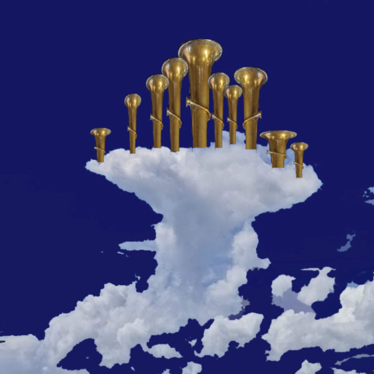 Eine Wolke sieht aus wie ein Atompilz. Mundstücke von Trompeten auf der Wolke, die wie ein Atompilz aussieht zeigen die Intention von Bojan Basson: Musik, hier Trompete als Wolke.