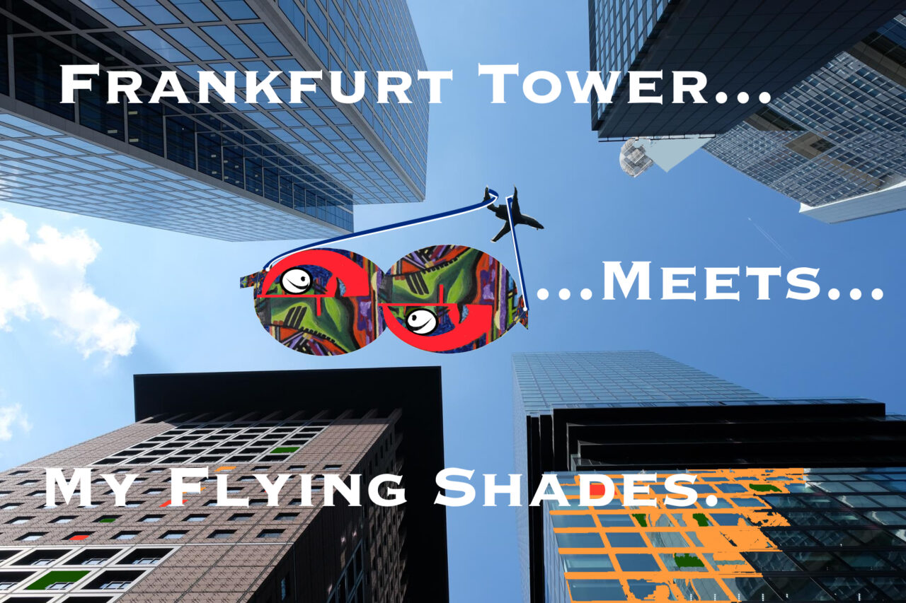 Sonnenbrille aus Ölbild mit Augen, die Bassschlüssel als Lupen auf weißer Unterlage haben. Ölbild rote, Halbkreis-Pfeile, die ein S durch das Bild ziehen. Drum herum Banktower Frankfurt. Brille wird von Flugzeugen an Seilen geflogen.