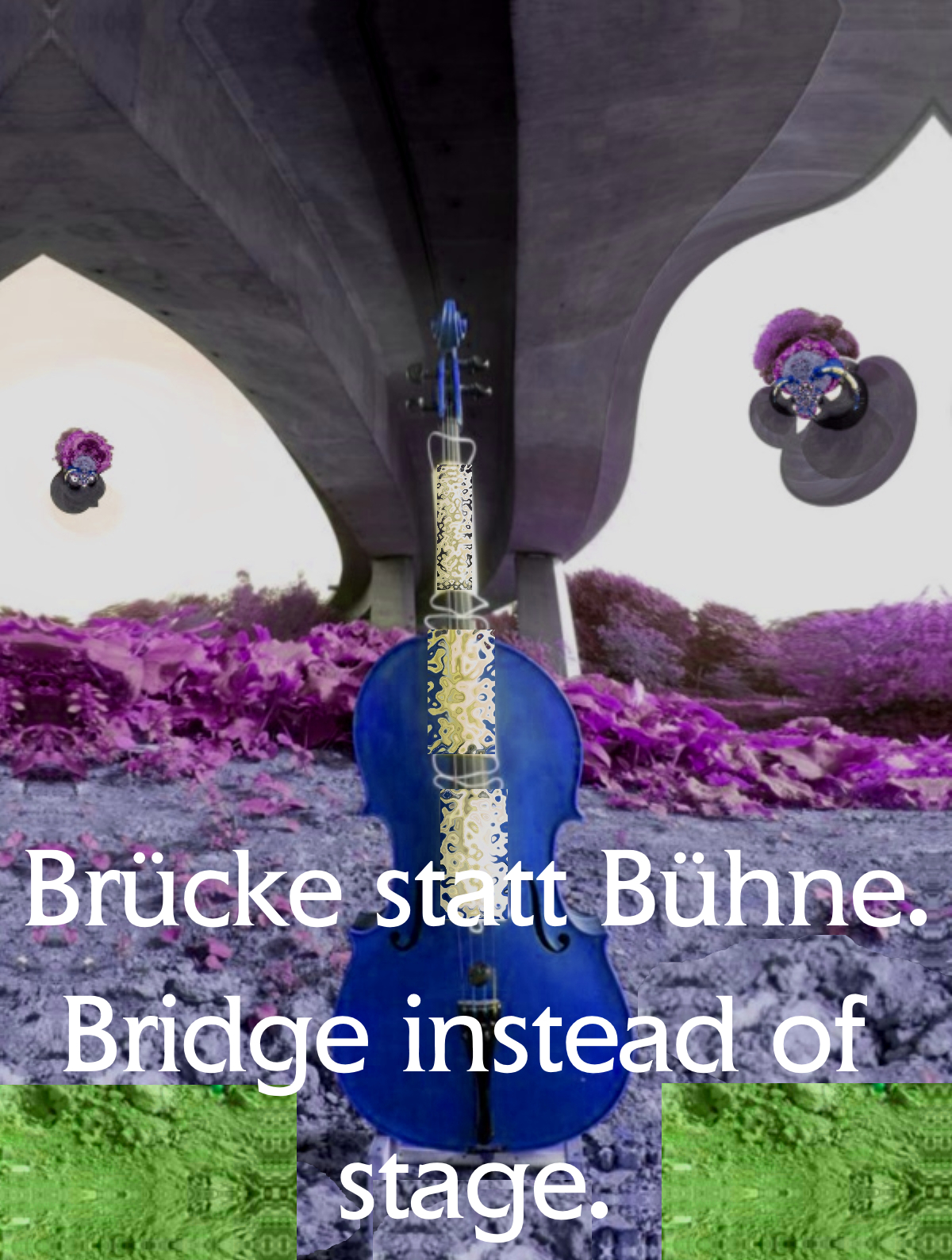 Autobahnbrücke kunstvoll verbogen, darunter ein Cello mit ffp2-Masken. Violette Blumenareale, weißer Horizont, zwei ufoartige Gebilde fliegen auf das Cello zu. Die Autobahnbrücke biegt (sich vor lachen) sich in sengenter Hitze.
