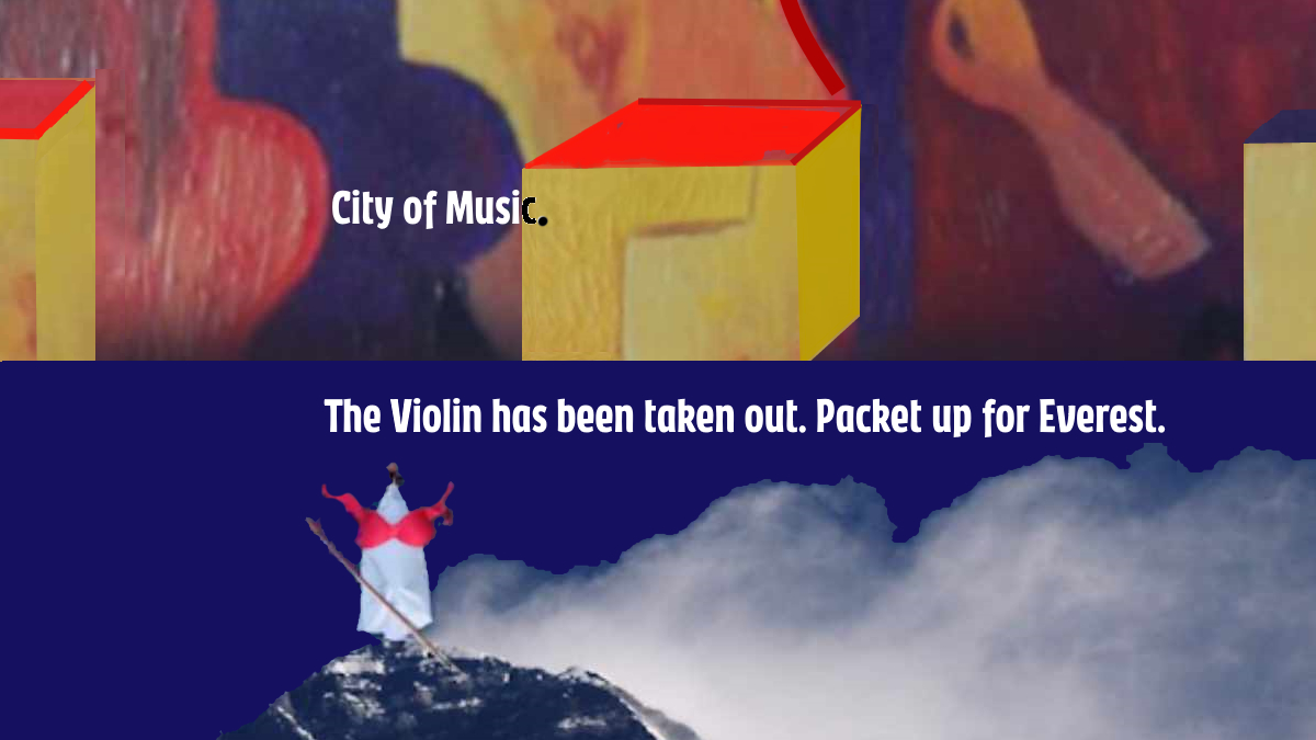 Ölbild digital bearbeitet. Hochhäuser wie Banktowers als nachimitierte Kontrabässe, Celli. Verpackte Violine am Mount Everest. Berg Everest mit blauem Himmel unten.