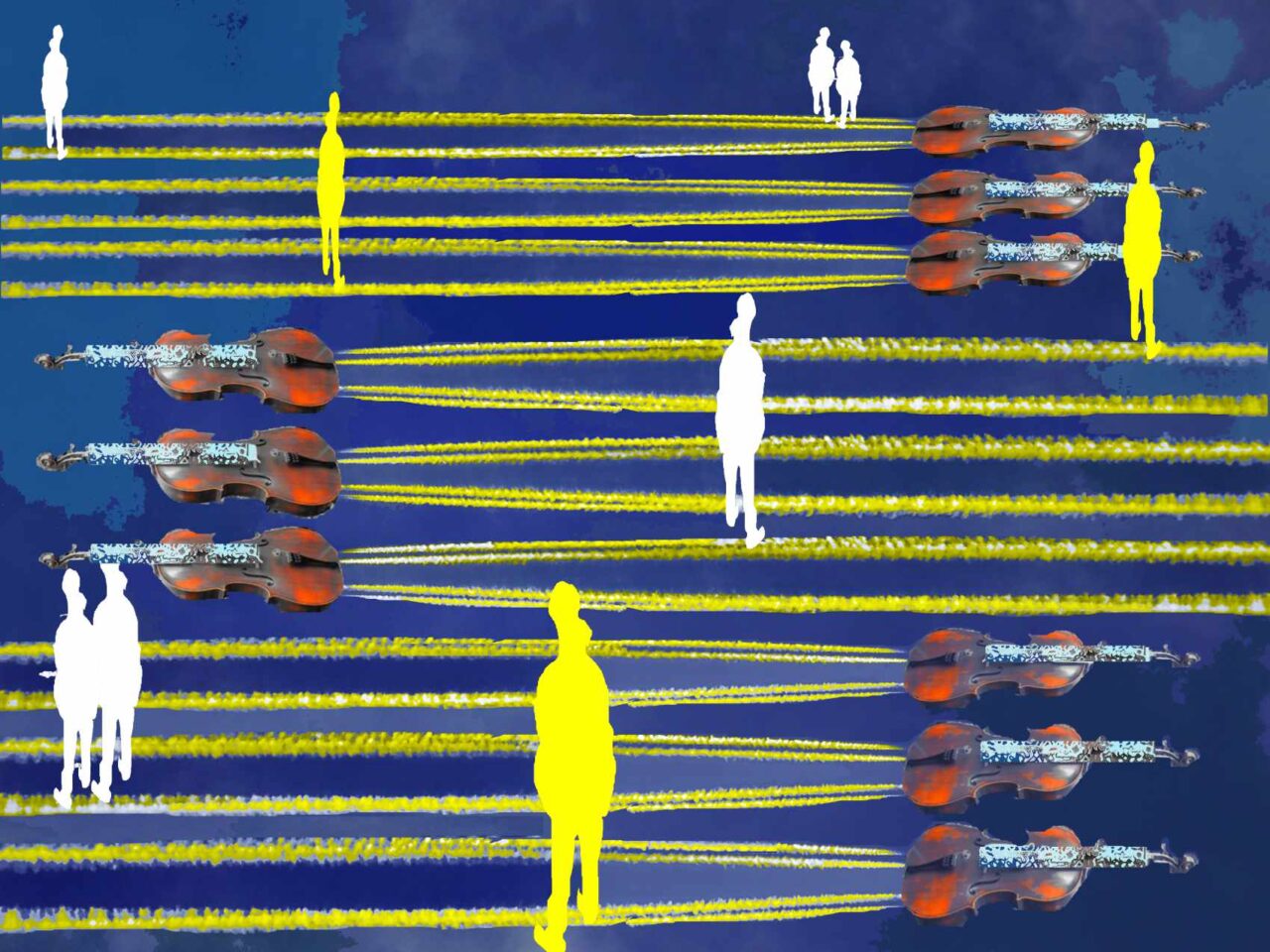 Blauer Hintergrnd, darauf sind neun Celli, die wie Flugzeuge fliegen, Kondenswasser abgeben in Form bekannter Streifen. Über die Kondensstreifen gehen Menschen, weiß also ohne Farbe.