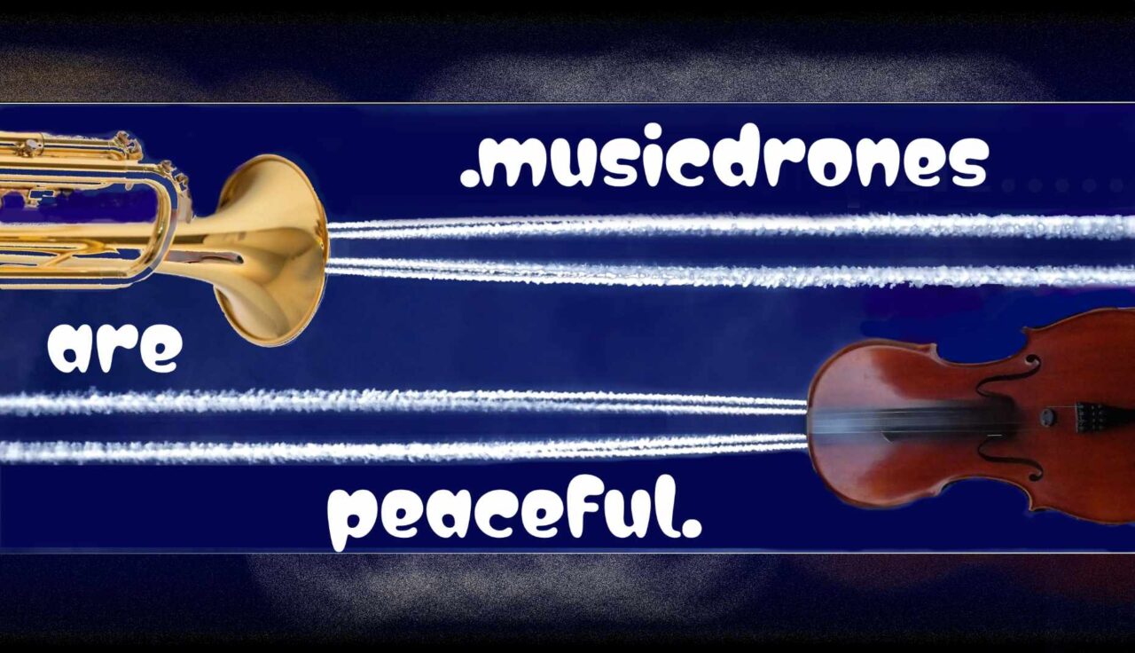 musicdrones are peaceful. Cello und Trompete fliegen mit Kondensstreifen am Himmel. 