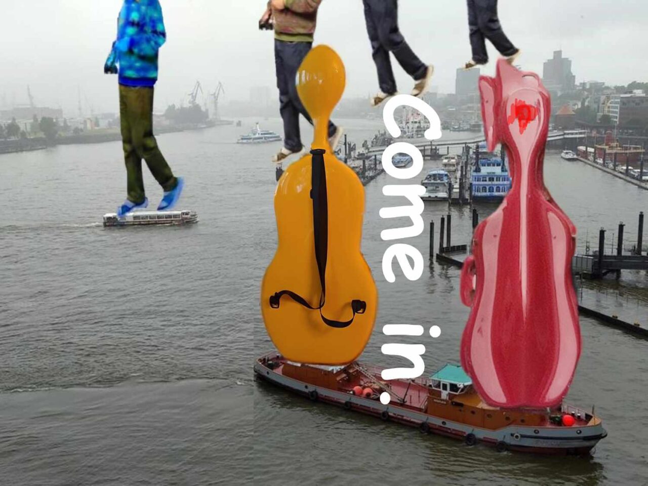 Hamburg, Alster. Wandelnde Menschen hinter Musikinstrumenten-koffern auf Industrieschiffen.
