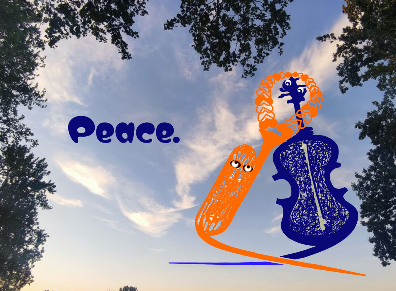 Tuba und Kontrabass in orange, blau vor einem OK-Haken aus Wolken am Himmel. "Peace" als bittender Aufrur.