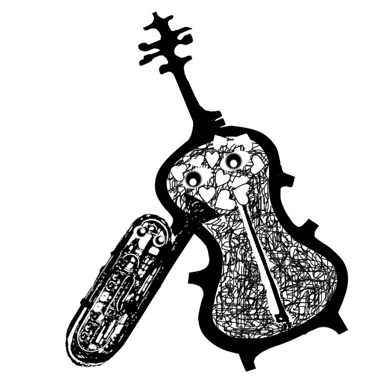 Eine Tuba bläst dem großen Kontrabass Herzen ins Herz. Schwarz-Weiß-digitale Zeichnung